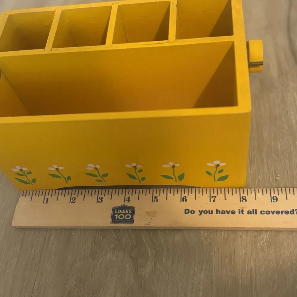 Vtg 1984 Teleflora Yellow Wooden Handle Caddy Desk Organizer Flower Crate 8in